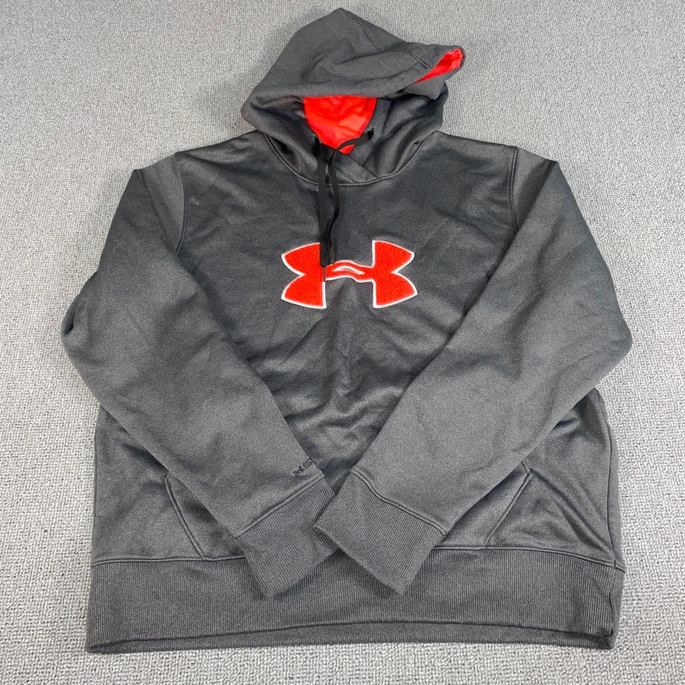 Under Armour Storm Hoodie Mens Large Gray Red Logo Fleece Pullover Sweatshirt L